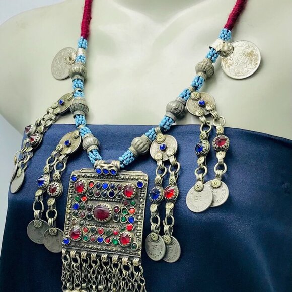 Tribal Handmade Beaded Chain Necklace With Long Tassels and Coins - Picture 7 of 12